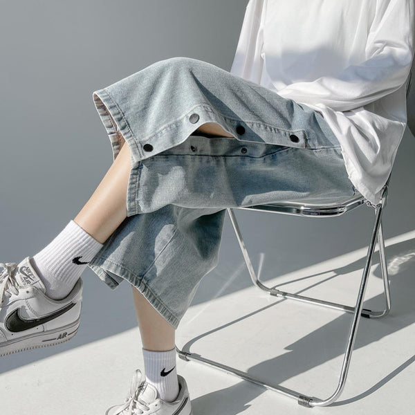 Double-breasted jeans men's summer thin section slacks loose straight han edition tide eight points leisure trousers