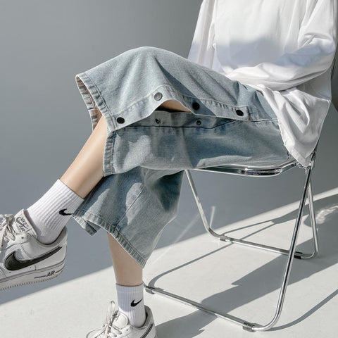 Double-breasted jeans men's summer thin section slacks loose straight han edition tide eight points leisure trousers