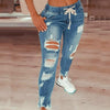 Drawstring Denim Jeans For Women Ripped Hole Stretch Jean Ladies  Full Length Pencil Pants 2022