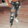 Drawstring Denim Jeans For Women Ripped Hole Stretch Jean Ladies  Full Length Pencil Pants 2022