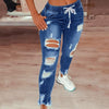 Drawstring Denim Jeans For Women Ripped Hole Stretch Jean Ladies  Full Length Pencil Pants 2022