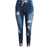 Drawstring Denim Jeans For Women Ripped Hole Stretch Jean Ladies  Full Length Pencil Pants 2022