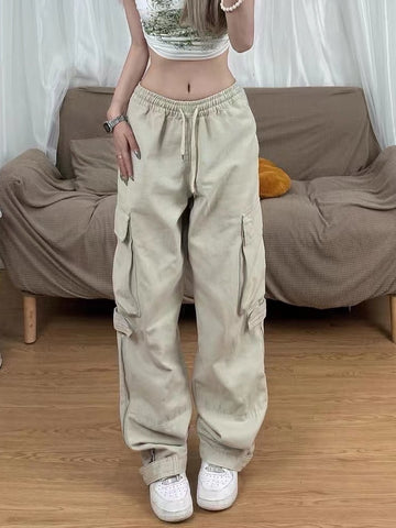 Drawstring Y2K Retro Beige Cargo Pants Women Vintage Streetwear 90s Aesthetic Pockets Female Wide Leg Pantalones Loose Trousers