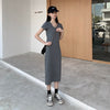 Dress 2022  Spring and Autumn Slimming Gray Dress for Women Temperament Long Dress Waist-Tight Thin over the Knee T-shirt
