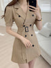 Dress Blazer Ladies Korean Chic Light Familiar Style Lapel Buckle Straps Waist Double Breasted Puff Sleeve Suit Dresses Women