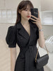 Dress Blazer Ladies Korean Chic Light Familiar Style Lapel Buckle Straps Waist Double Breasted Puff Sleeve Suit Dresses Women