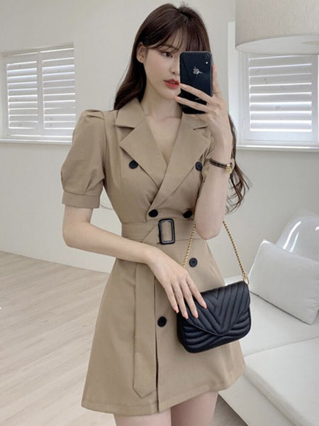 Dress Blazer Ladies Korean Chic Light Familiar Style Lapel Buckle Straps Waist Double Breasted Puff Sleeve Suit Dresses Women