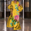 Dress For Women 2023 VONDA Autumn Puff Sleeves 3/4 Sleeve Floral Print Holiday Dresses Satin Slik Vestidos Femme Beach Sundress