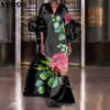 Dress For Women 2023 VONDA Autumn Puff Sleeves 3/4 Sleeve Floral Print Holiday Dresses Satin Slik Vestidos Femme Beach Sundress