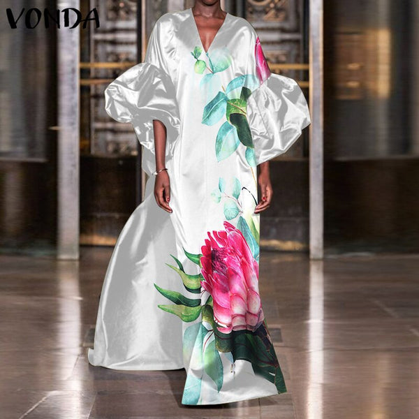 Dress For Women 2023 VONDA Autumn Puff Sleeves 3/4 Sleeve Floral Print Holiday Dresses Satin Slik Vestidos Femme Beach Sundress