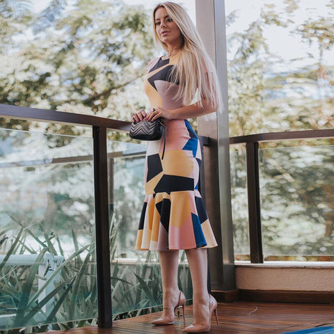 Dress Summer Sexy Tight Short Sleeve Bag Hip Print Ruffle Colorful Striped Print Side Slit Maxi Women Colorblock Slim Long