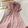 Dress Women Chiffon Bow Solid High Waist Turn-down Collar Preppy Style Kawaii Ulzzang Popular Temperament Girls Summer Holiday