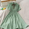 Dress Women Chiffon Bow Solid High Waist Turn-down Collar Preppy Style Kawaii Ulzzang Popular Temperament Girls Summer Holiday