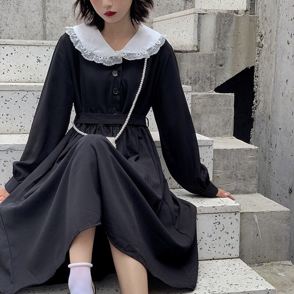 Dress Women Dark  Preppy Style Long Sleeve Lolita Dresses Japanese Sweet Peter Pan Collar Long Ladies Elegant Dresses