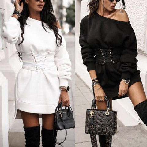 Dress Women Autumn Long Sleeve O Neck Waist Tight Bandage Sweatshirt Dress Plus Size Dresses 2023