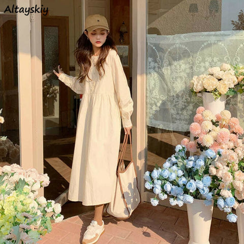 Dress Women Korean Sweet Fresh Lady Midi Long Sleeve Popular All-match Leisure Stylish Apricot Classy Pretty Teens Daily A-Line
