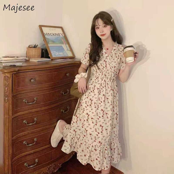 Dress Women Korean Sweet Style Floral V-neck Fairy Leisure Girls Cute Flounced Edge All-match Prairie Chic Abdomen Elegant Teen
