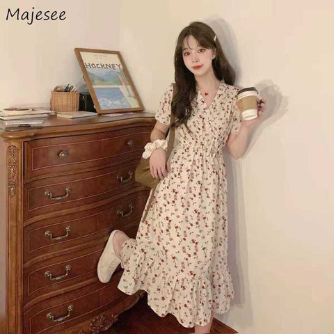 Dress Women Korean Sweet Style Floral V-neck Fairy Leisure Girls Cute Flounced Edge All-match Prairie Chic Abdomen Elegant Teen