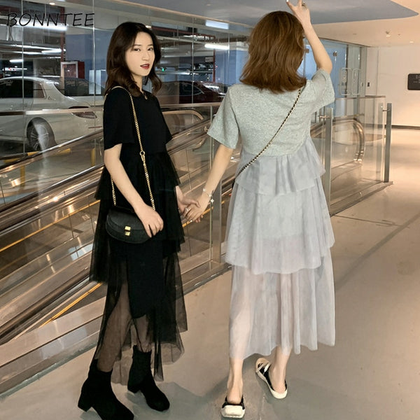 Dress Women Mesh Design Irregular Ruffles Summer Korean Style Large Size 3XL Trendy Leisure Summer Students Lovely Midi Dresses