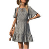 платье Dress Women Robe Femme Vestidos Summer Floral Print Tie Neck Short Sleeve Waist Ruffle Mini Skater Dresses