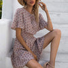 платье Dress Women Robe Femme Vestidos Summer Floral Print Tie Neck Short Sleeve Waist Ruffle Mini Skater Dresses