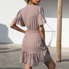 платье Dress Women Robe Femme Vestidos Summer Floral Print Tie Neck Short Sleeve Waist Ruffle Mini Skater Dresses