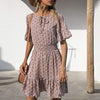 платье Dress Women Robe Femme Vestidos Summer Floral Print Tie Neck Short Sleeve Waist Ruffle Mini Skater Dresses