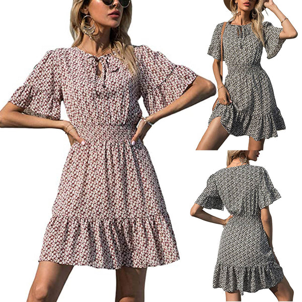 платье Dress Women Robe Femme Vestidos Summer Floral Print Tie Neck Short Sleeve Waist Ruffle Mini Skater Dresses