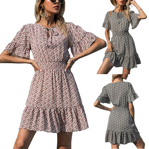 платье Dress Women Robe Femme Vestidos Summer Floral Print Tie Neck Short Sleeve Waist Ruffle Mini Skater Dresses