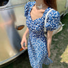 Dress Women Short Sleeve Midi Maxi Retro Printing Side-slit Sexy Skinny Elegant Chiffon Holiday Chic Trendy Tunic French Romance