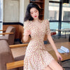 Dress Women Yellow Floral Above Knee Elegant Shirring V-neck Slim Sexy Fairy Holiday Party Female Vintage All-match Sundress