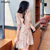 Dress Women Yellow Floral Above Knee Elegant Shirring V-neck Slim Sexy Fairy Holiday Party Female Vintage All-match Sundress