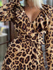 Dresses For Women 2022 FALL V-Neck A Line Long Sleeve Leopard Print Ruffle Hem Tie Front Mini Dress Chic Jumpsuit Women Elegance