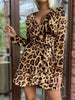 Dresses For Women 2022 FALL V-Neck A Line Long Sleeve Leopard Print Ruffle Hem Tie Front Mini Dress Chic Jumpsuit Women Elegance