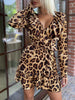 Dresses For Women 2022 FALL V-Neck A Line Long Sleeve Leopard Print Ruffle Hem Tie Front Mini Dress Chic Jumpsuit Women Elegance