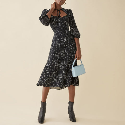 Dresses For Women 2022 Spring Autumn Office Lady 3/4 Sleeve Polka Dot Midi Dress Woman Sweetheart Neck Tie Vintage Elegant Dress