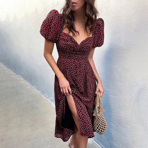 Dresses For Women 2023 Summer Midi Dress Vintage V Neck  Floral Print French  Sexy Slit Party Puff Short Sleeve Women Clothing