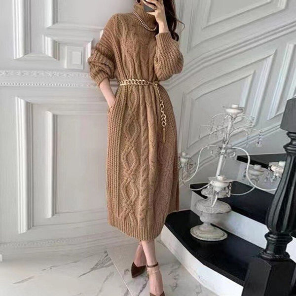 Dresses For Women Chic Thick Turtleneck Long Twisted Knitted Jumper Dress Ladies Winter Warm Elegant Straight Sweater Vestidos