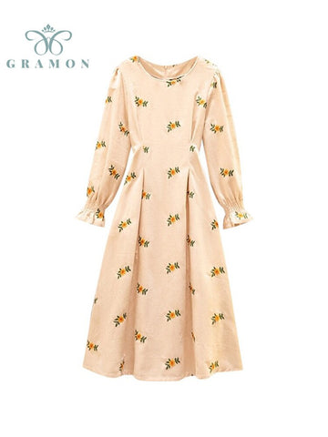 Dresses French Elegant Long Sleeve Floral Chic Oversized Corduroy Midi Dress For Women 2022 Autumn Vestidos Longo Femme