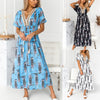 Dresses Woman Summer 2022  Summer Lace Rope Stitching Retro Printed V-Neck Short Sleeve Maxi Long Dress Casual Holiday