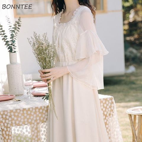 Dresses Women Solid Lace Design Vintage Ulzzang Daily Streetwear Lovely Teens Popular Korean Style Elegant Simple Chic