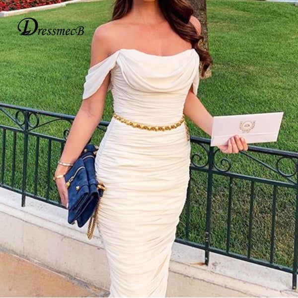 Dressmecb Solid White Midi Dresses Women Clothing Backless Off Shoulder Sexy Club Party Ruched Bodycon Dress Summer Vestido 2022