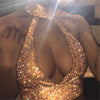 Sexy V neck Gold Cut Out Halter Crop Top Metal Crystal Diamond Women Sequins Tank Tops Camis Womens Nightclub Party Vest