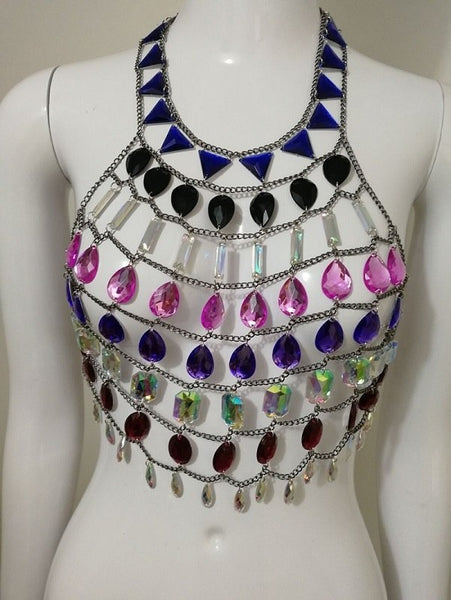 Summer Beach Women Sparkly Diamond Sequin Tank Top Halter Camis Nightclub Party Multicolor Boho Crop Tops Patchwork Vest