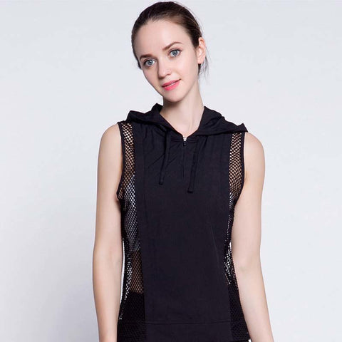 Dry Quick Force Exercise Sporting Tank Tops Fitness Sleeveless Hooded Vest Sexy Mesh Splice Loose Tank Top For Women DropShip