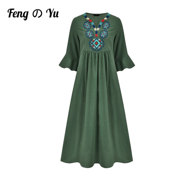 Dubai Turkey Arabian Green Three-quarter Sleeve Robe Muslim Lotus Leaf Sleeve Dress Ladies Loose Embroidered Robe