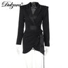Dulzura 2023 Autumn Winter Satin Patchwork Long Sleeve Deep V Neck Wrap Mini Blazer Dress Belt Lace Up Slit Shoulder Pads Party