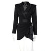 Dulzura 2023 Autumn Winter Satin Patchwork Long Sleeve Deep V Neck Wrap Mini Blazer Dress Belt Lace Up Slit Shoulder Pads Party