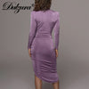 Dulzura 2023 Autumn Winter Women Solid Long Sleeve Ruched Drawstring Irregular Midi Dress Lace Up Bodycon Elegant Party Clothes