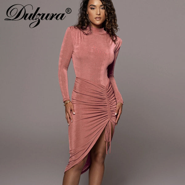 Dulzura 2023 Autumn Winter Women Solid Long Sleeve Ruched Drawstring Irregular Midi Dress Lace Up Bodycon Elegant Party Clothes